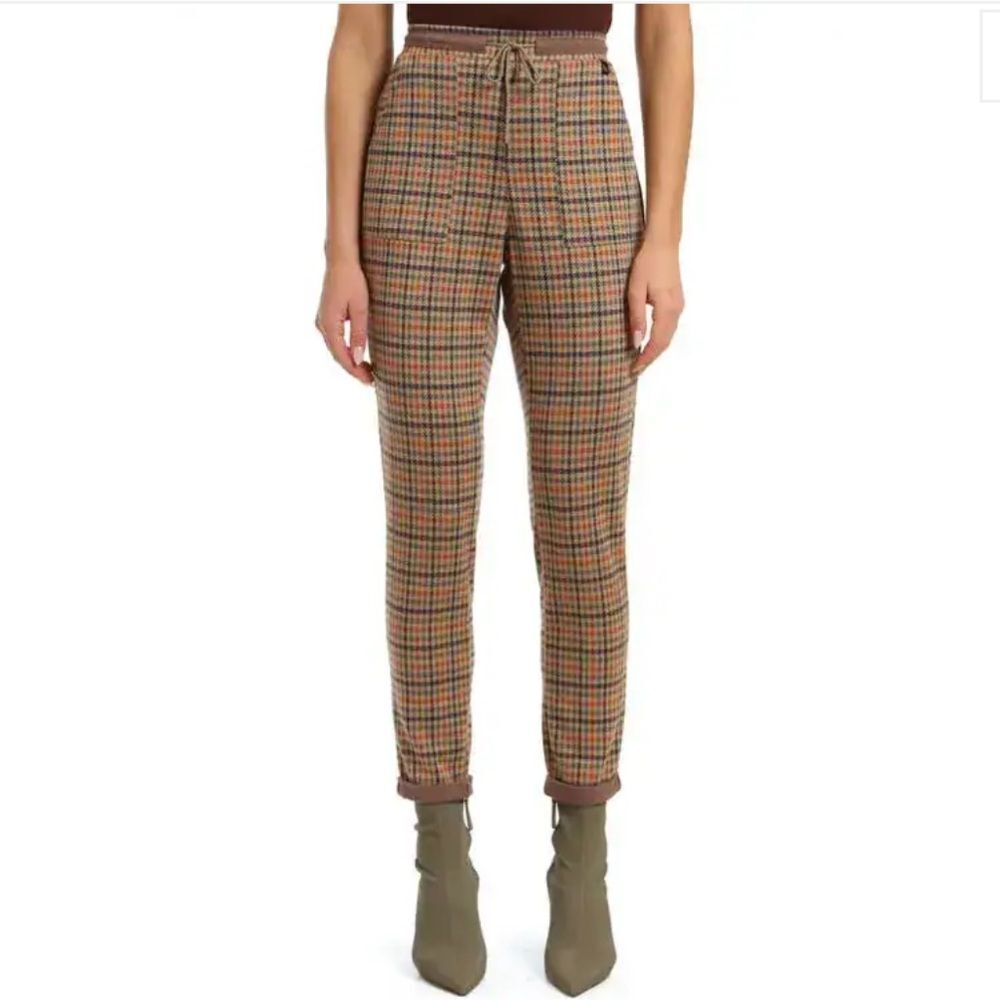 Mavi Raisa Plaid Slim Ankle Length Pants Sz L Brown Drawstring Waist Chic Preppy
